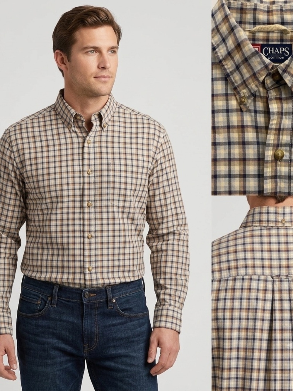 Chaps Men’s Cotton Plaid Button Down Shirt Long Sleeve Blue Brown White Large